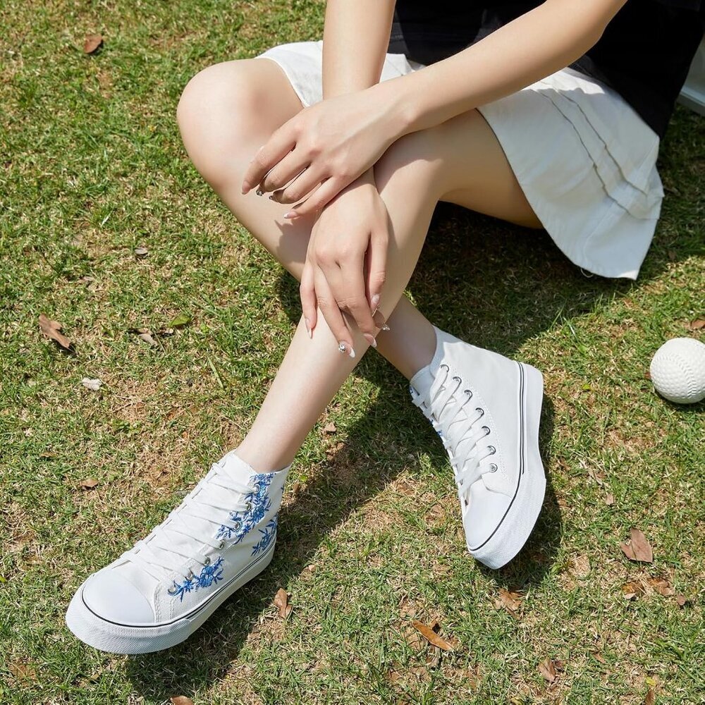 Women's White Blue High Top Sneakers Embroidery Casual Breathable Mesh Lace Up - Picture 6 of 6